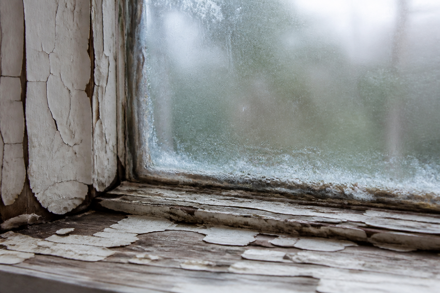 Old failing window with condensation and drafts